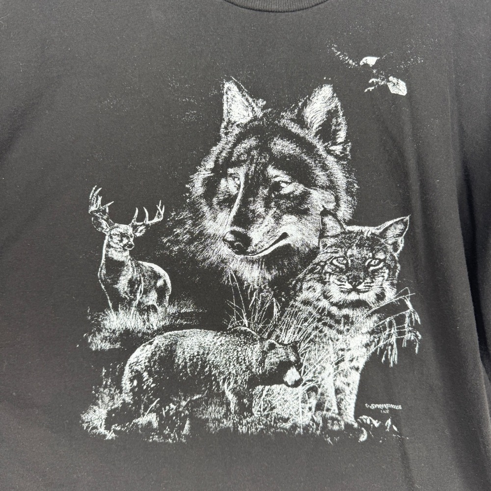 Vintage Hilltop Wildlife Graphic Tee T Shirt Black Wolf Deer Bear Size L Black